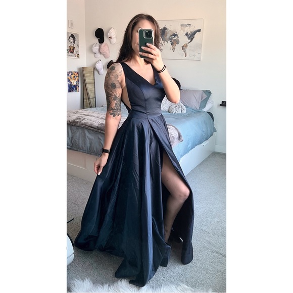 V-Neck navy blue Satin Prom Dress w/ Slit - Picture 1 of 8